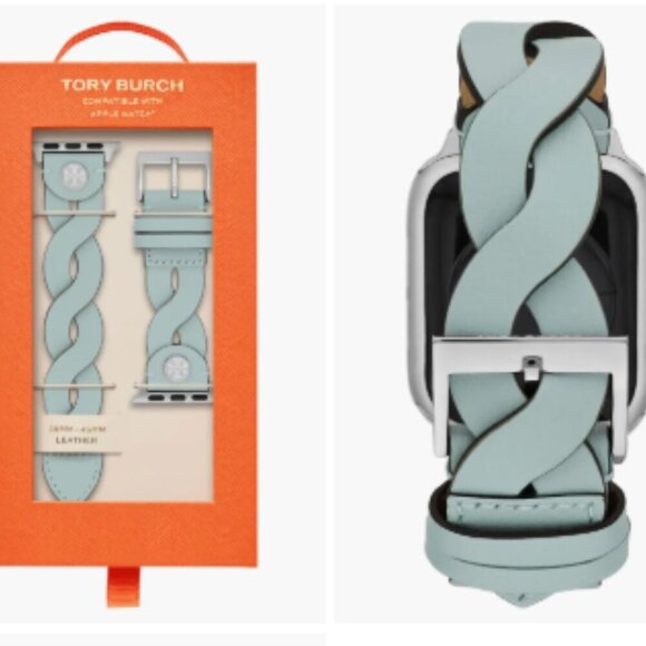 New! Tory Burch Apple Watch Band 38-45mm -Braided Leather Band-Light Blue - Picture 1 of 7